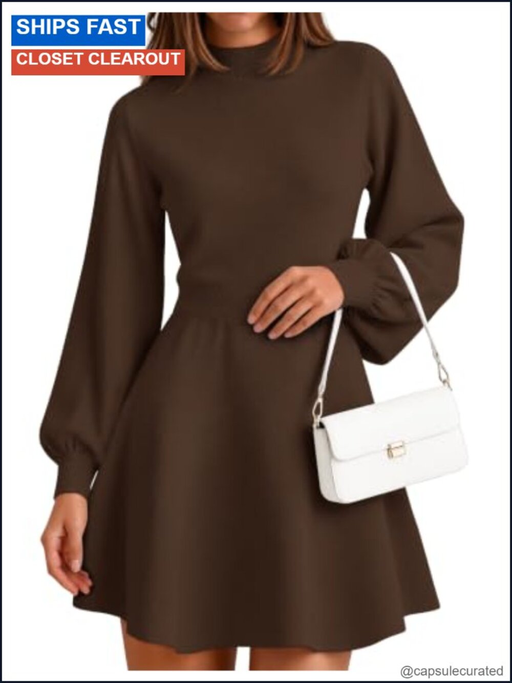 Mock Neck Long Lantern Sleeve Sweater Dress Mini A-Line